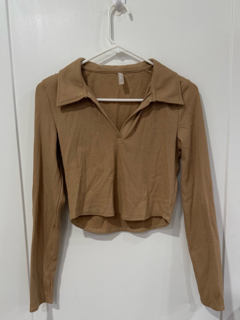 Cropped Long-Sleeve Polo Top - Tan
